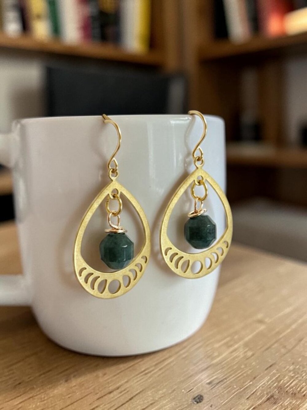 Celestial Moon Phase Earrings Green Bloodstone Gold Teardrop Dangles